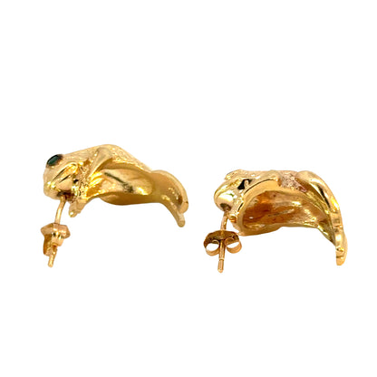 14K Yellow Gold Frog Hoop Earrings with Emerald Eyes