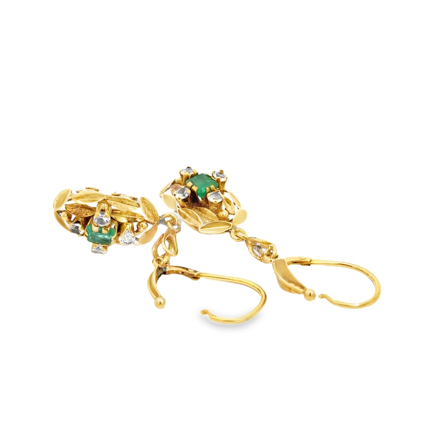 Antique 18K Yellow Gold Emerald & CZ Dangle Earrings