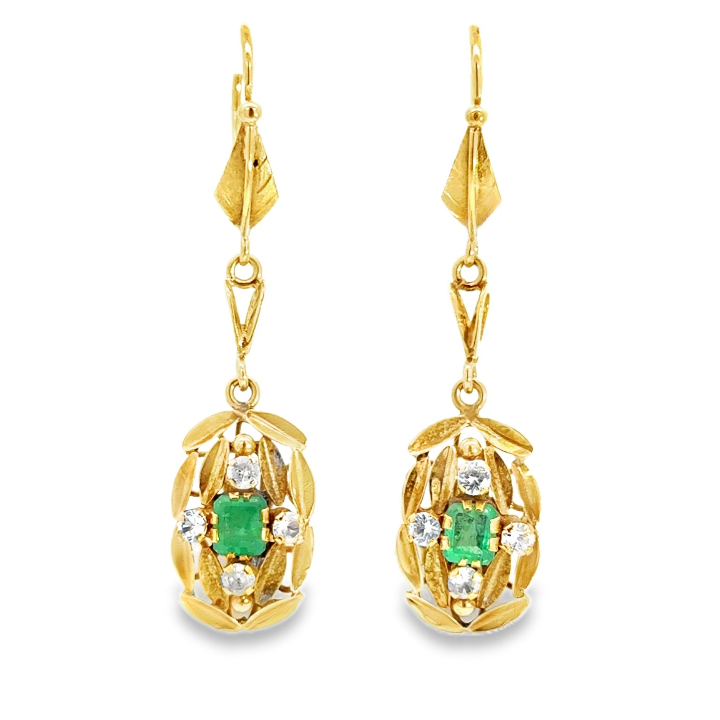 Antique 18K Yellow Gold Emerald & CZ Dangle Earrings