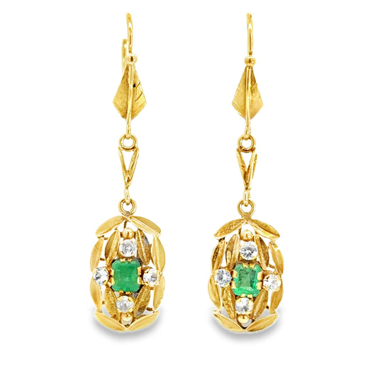 Antique 18K Yellow Gold Emerald & CZ Dangle Earrings