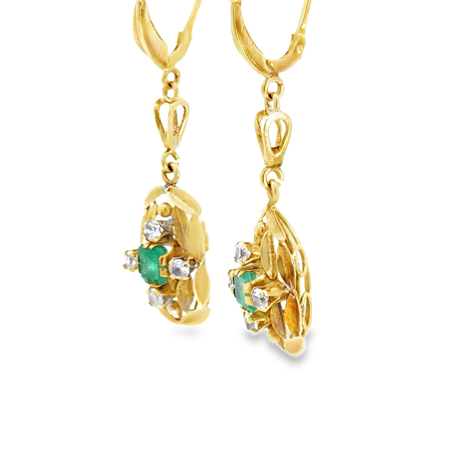 Antique 18K Yellow Gold Emerald & CZ Dangle Earrings