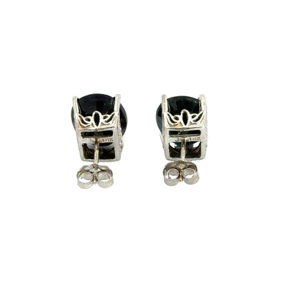Vintage Oval Dark Green Sapphire Earrings – 14K White Gold