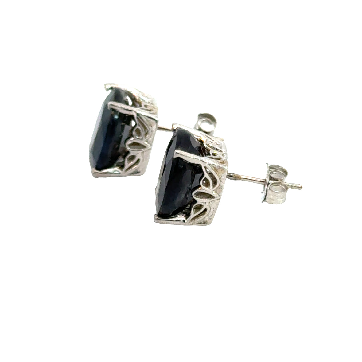 Vintage Oval Dark Green Sapphire Earrings – 14K White Gold