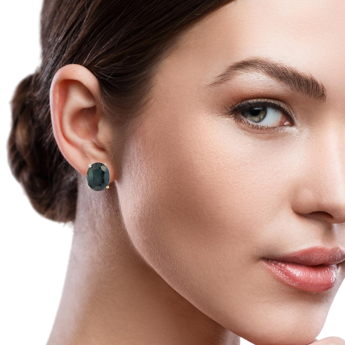 Vintage Oval Dark Green Sapphire Earrings – 14K White Gold