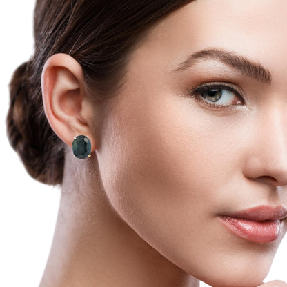 Vintage Oval Dark Green Sapphire Earrings – 14K White Gold