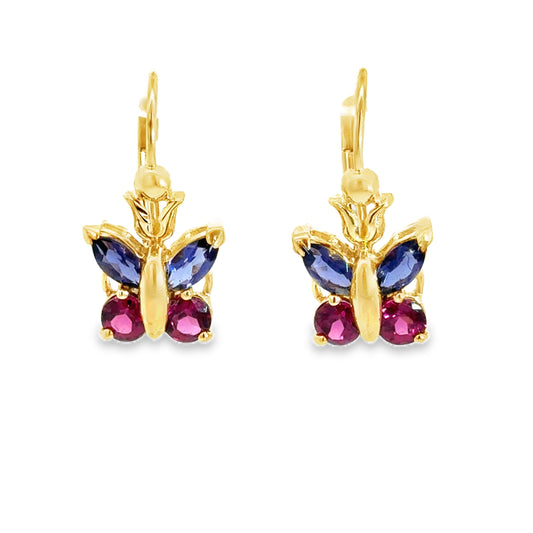 14K Yellow Gold Butterfly Earrings with Tanzanite & Pink Tourmaline
