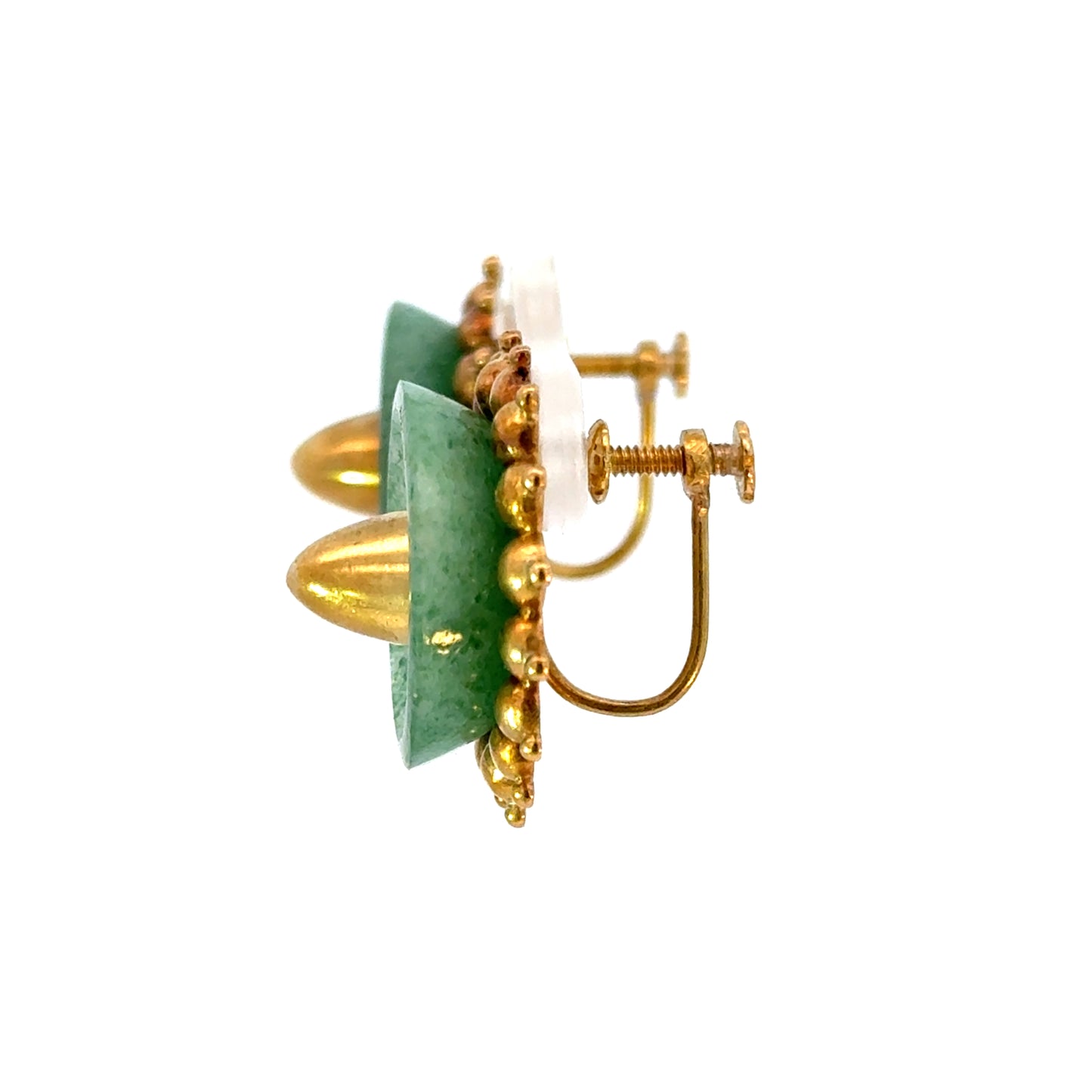Vintage 14K Yellow Gold Jade Screw-Back Earrings | Unique Mid-Century Design