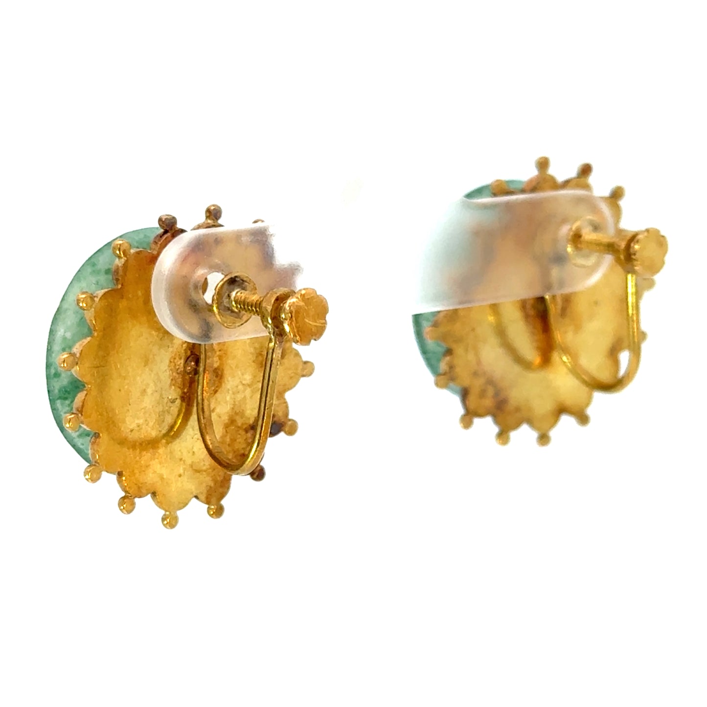Vintage 14K Yellow Gold Jade Screw-Back Earrings | Unique Mid-Century Design