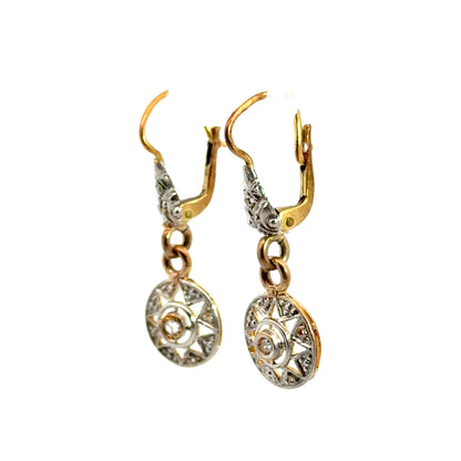 Antique 18K Two-Tone Gold & Diamond Filigree Drop Earrings