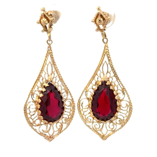 Alluring Filigree Yellow Gold & Rich Red Garnet Dangling Earrings