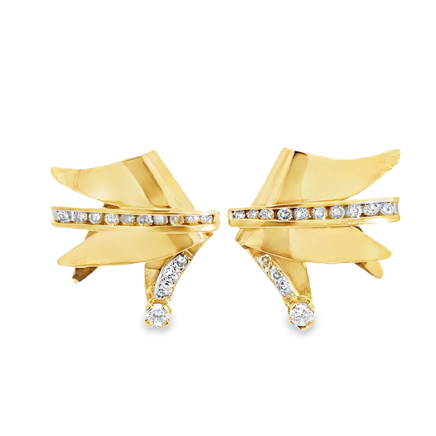 Vintage 14K Yellow Gold Diamond Sculptural French-Clip Earrings