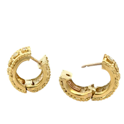 14K Gold Rope-Edge Diamond Mini Hoop Earrings- Designer JSD
