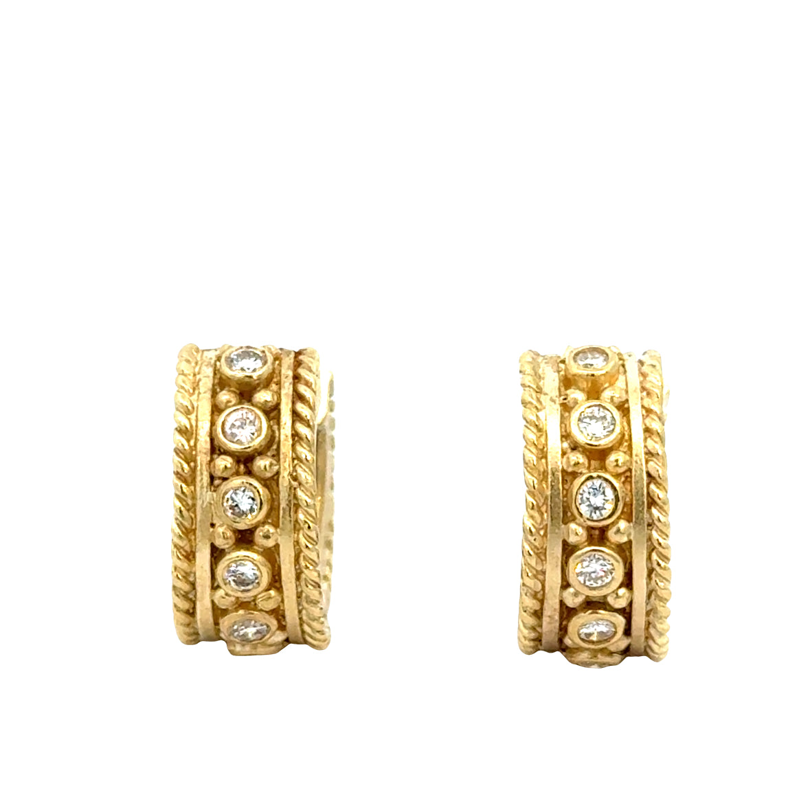 14K Gold Rope-Edge Diamond Mini Hoop Earrings- Designer JSD