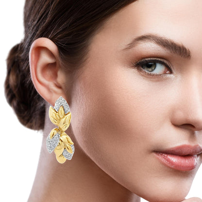 Estate 18K Yellow Gold & Diamond Cascading Leaves French-Clip Earrings