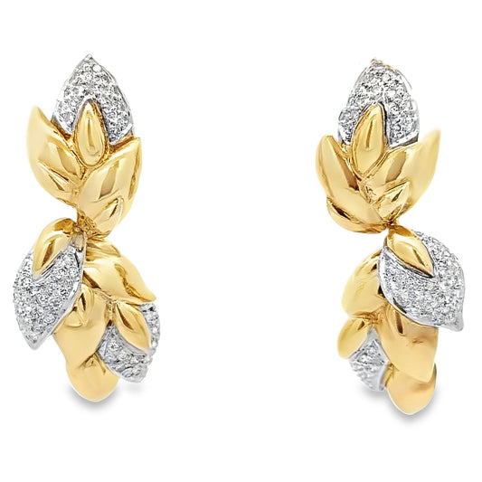18K Yellow Gold Diamond Cascading Leaf Earrings – French Clip