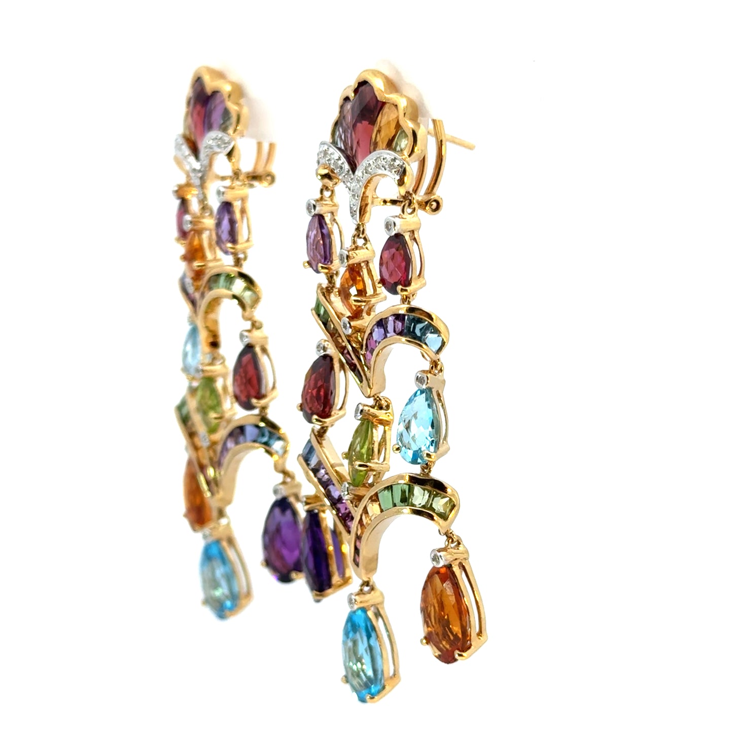 18K Yellow Gold Multicolor Tourmaline & Diamond French-Clip Chandelier Earrings