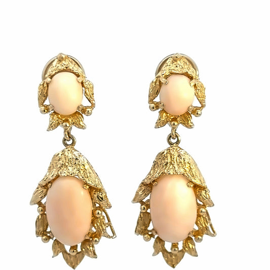14K Yellow Gold Coral Drop Clip-On Earrings