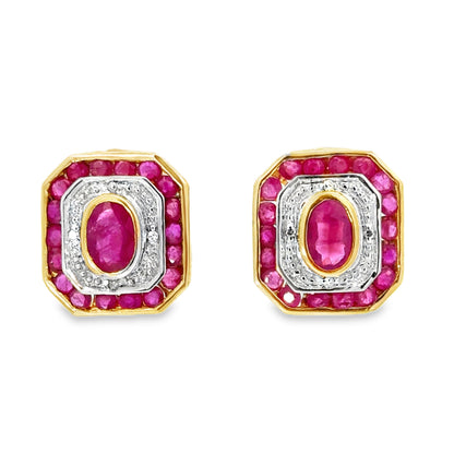 14K Yellow Gold Ruby & Diamond Octagonal Stud Earrings