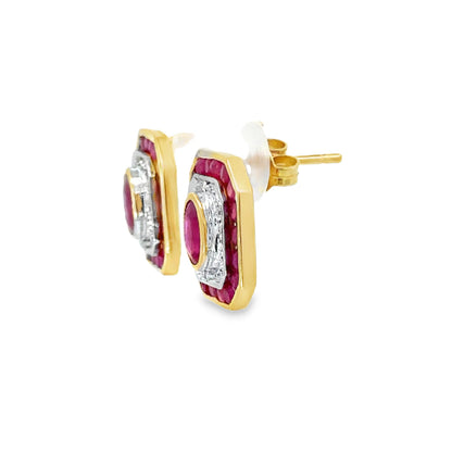 14K Yellow Gold Ruby & Diamond Octagonal Stud Earrings