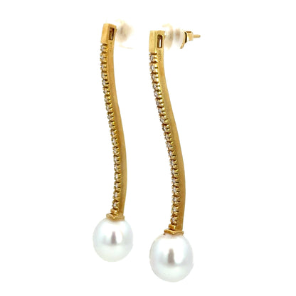 ASBA 18K Gold Diamond Bar Drop Earrings with Oval Pearls