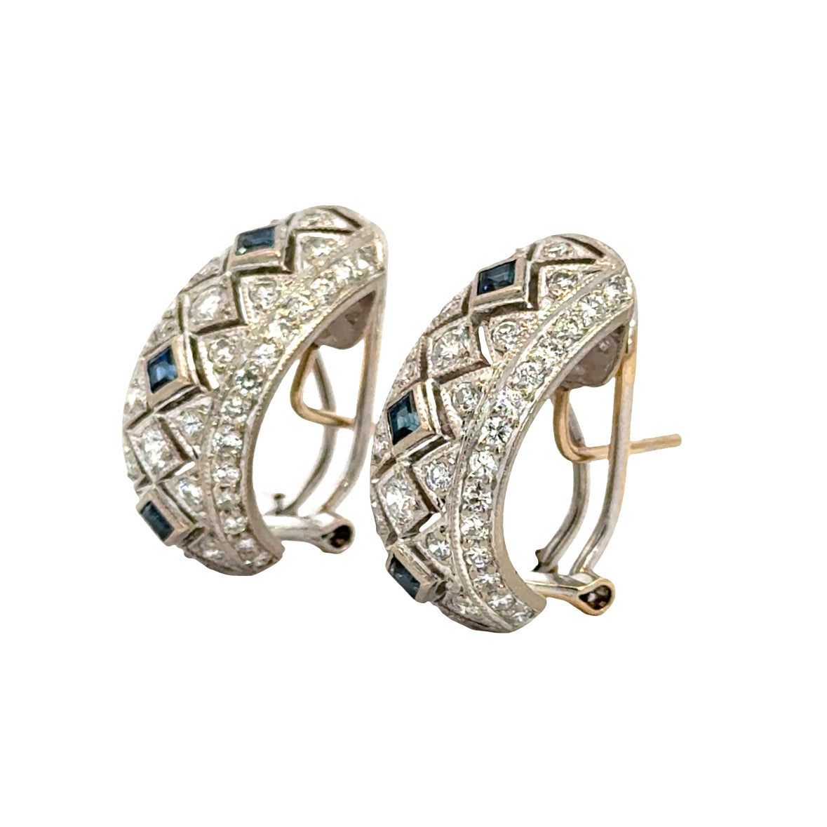 Diamond and Sapphire Hoop Earrings 14K White Gold French Clip