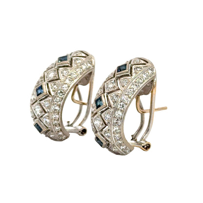 Diamond and Sapphire Hoop Earrings 14K White Gold French Clip