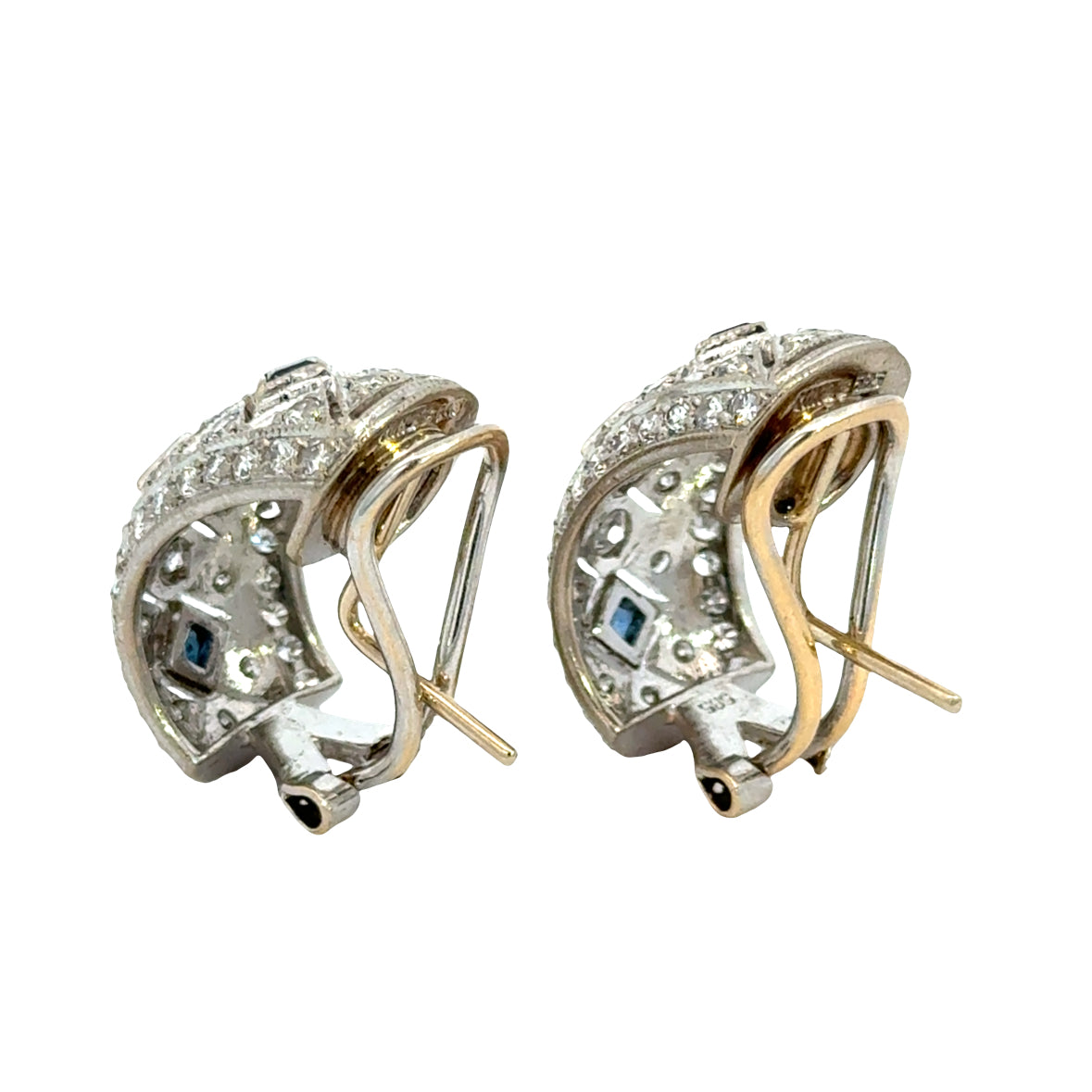 Diamond and Sapphire Hoop Earrings 14K White Gold French Clip