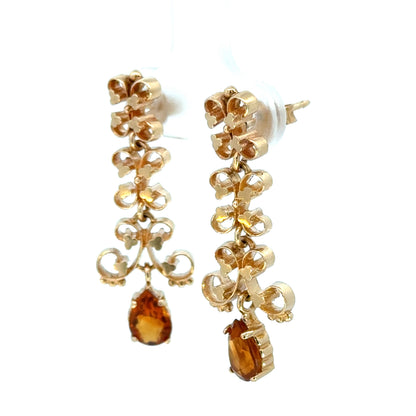 Vintage 1960s 14K Yellow Gold Openwork Citrine Drop Earrings
