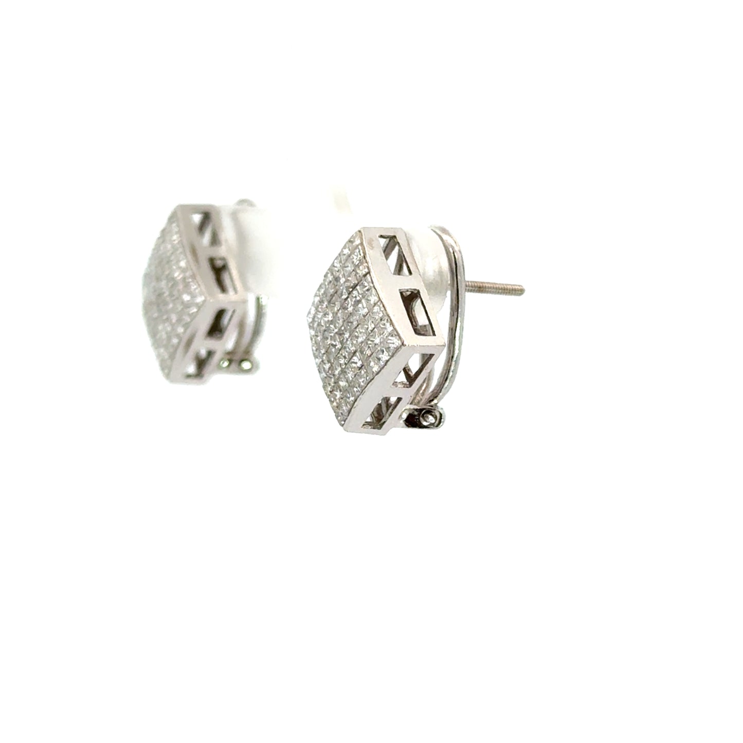 14K White Gold Diamond Square Cluster Earrings
