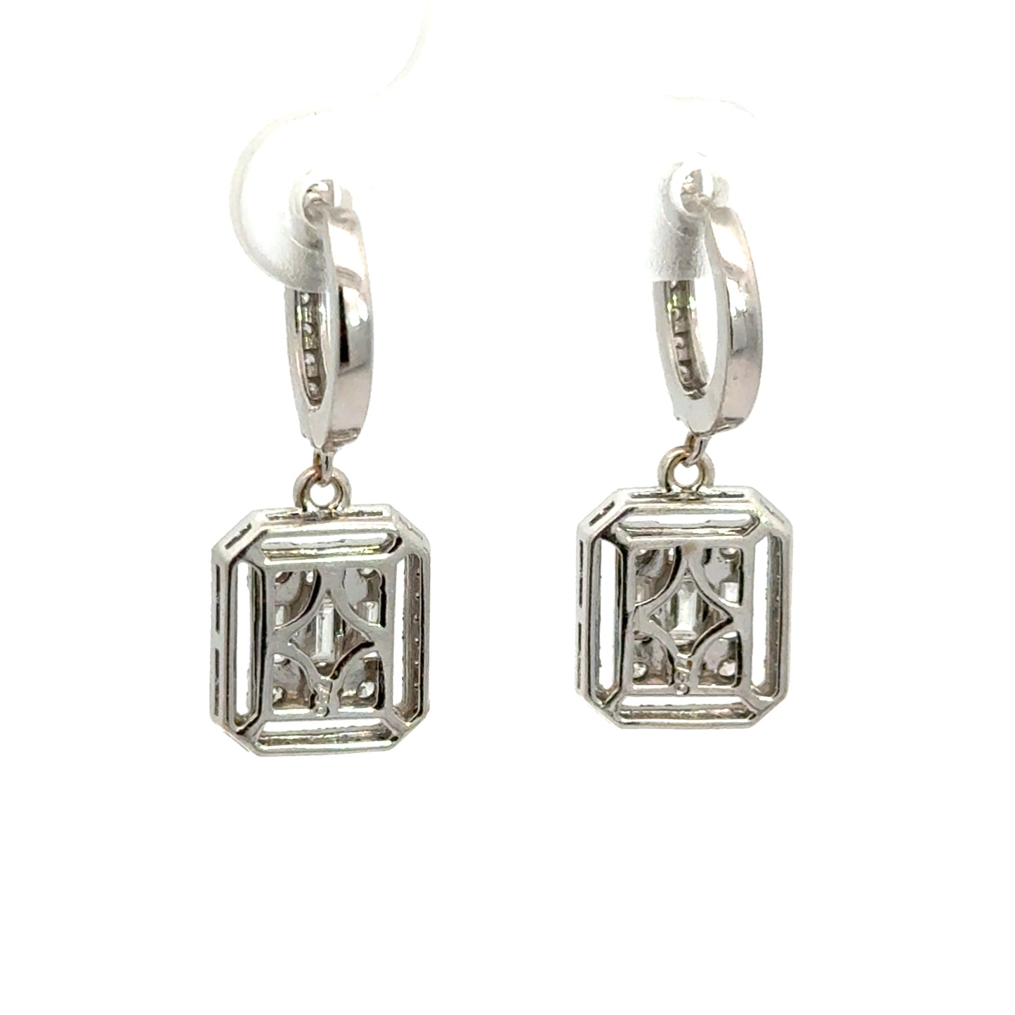 18K White Gold Diamond Dangle Earrings Geometric Halo Cluster