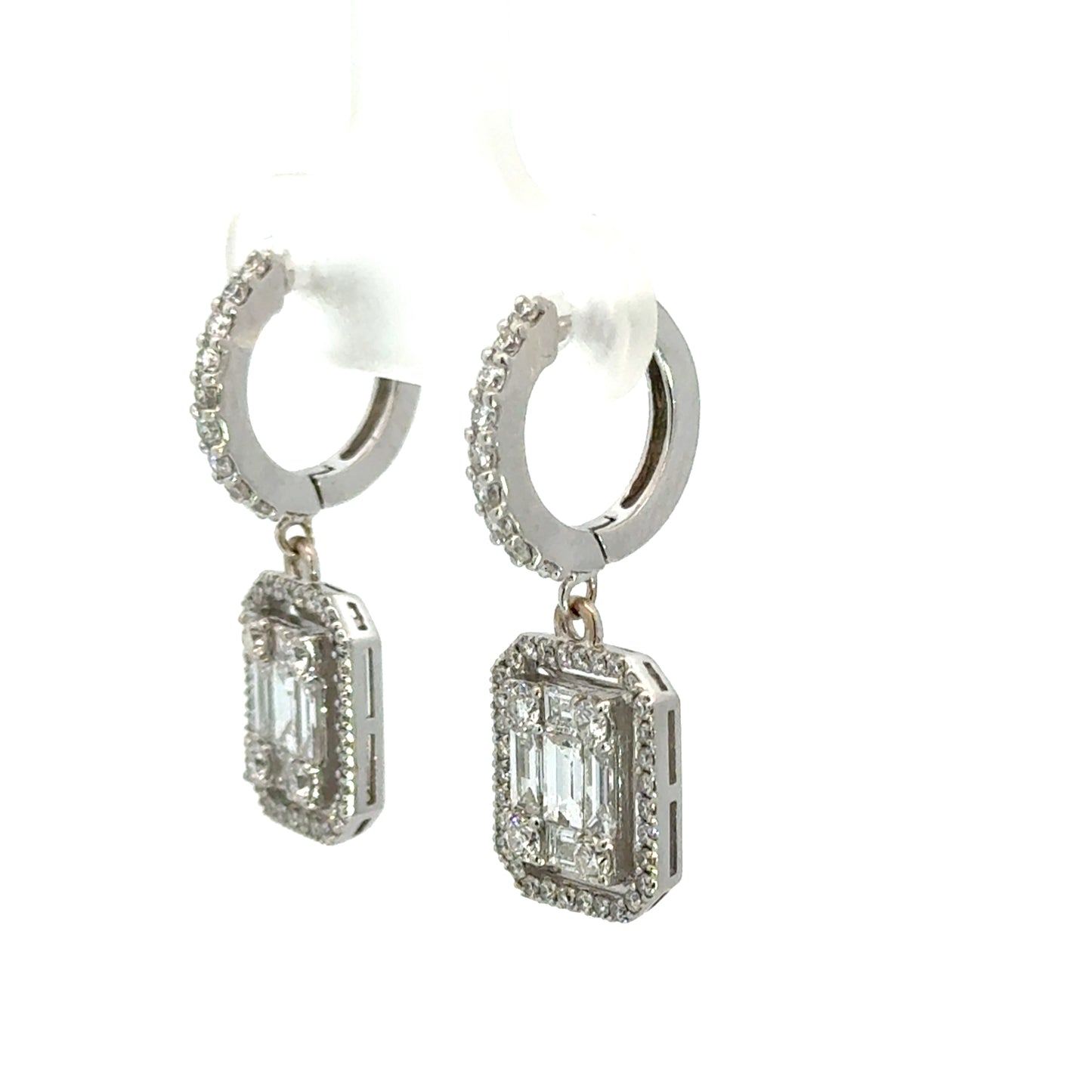 18K White Gold Diamond Dangle Earrings Geometric Halo Cluster