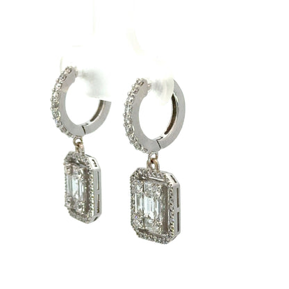 18K White Gold Diamond Dangle Earrings Geometric Halo Cluster