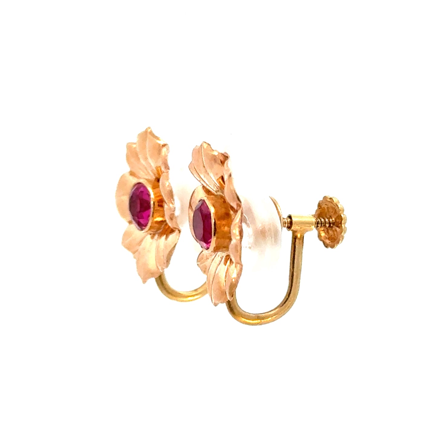Vintage Retro 14K Yellow Gold Ruby Flower Earrings – Screw Back