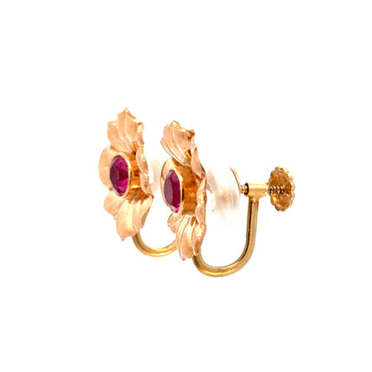 Vintage Retro 14K Yellow Gold Ruby Flower Earrings – Screw Back