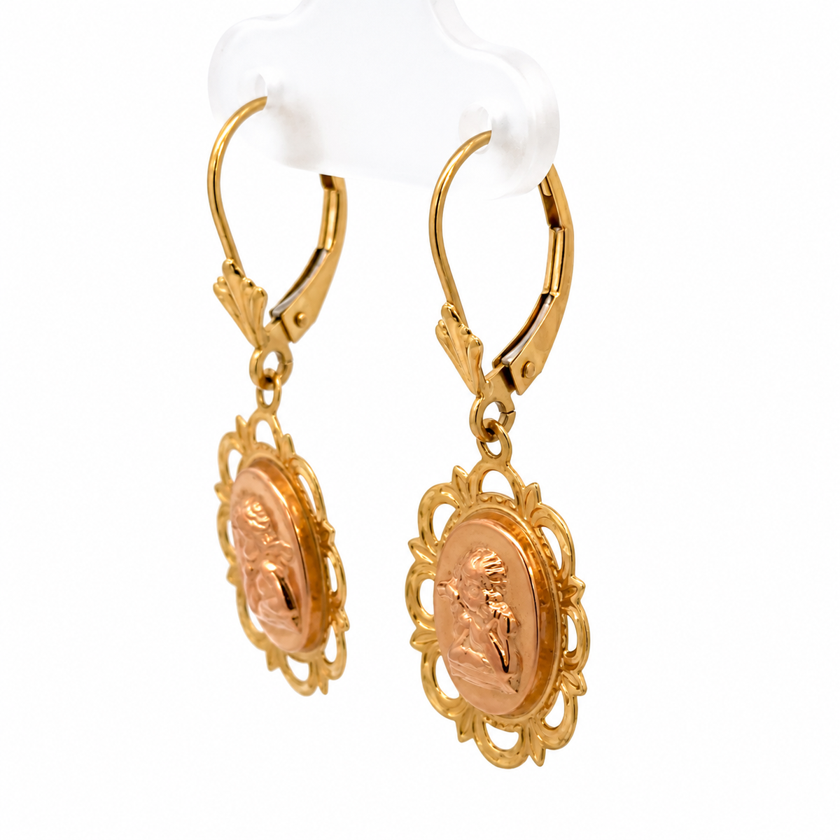 14K Yellow Gold Cherub Medallion Drop Earrings