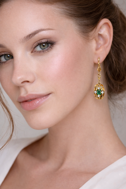Antique 18K Yellow Gold Emerald & CZ Dangle Earrings