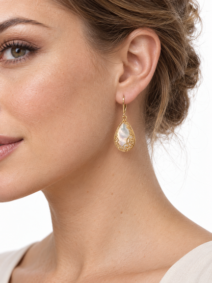 14K Yellow Gold Mother-of-Pearl Filigree Teardrop Earrings
