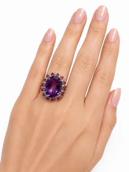 14K Yellow Gold Amethyst, Ruby & Diamond Dome Ring