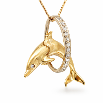 14K Yellow Gold Dolphin Pendant with Diamond Hoop & Diamond Eye