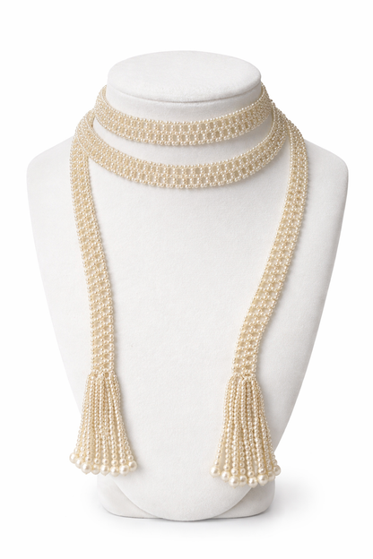 Vintage Seed Pearl Scarf Necklace with Tassel Fringe, 44” Long