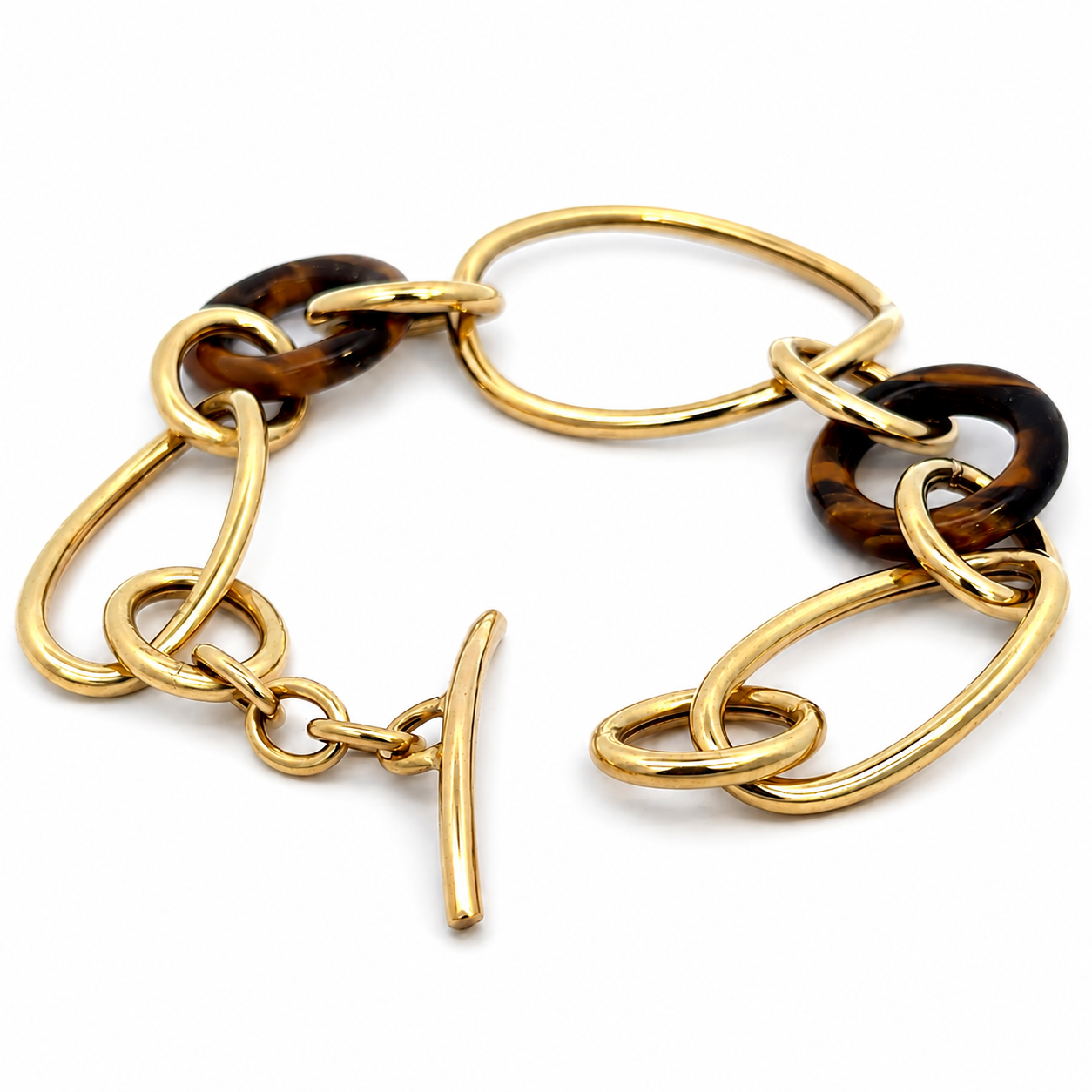 Vintage 18K Yellow Gold & Tiger’s Eye Mixed-Link Toggle Bracelet