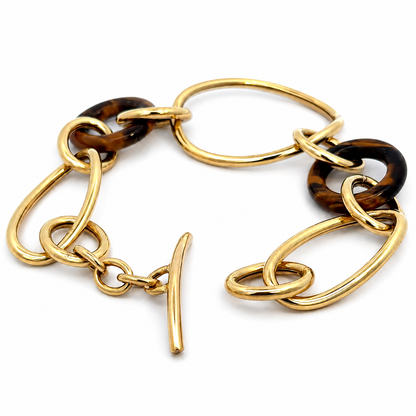 Vintage 18K Yellow Gold & Tiger’s Eye Mixed-Link Toggle Bracelet