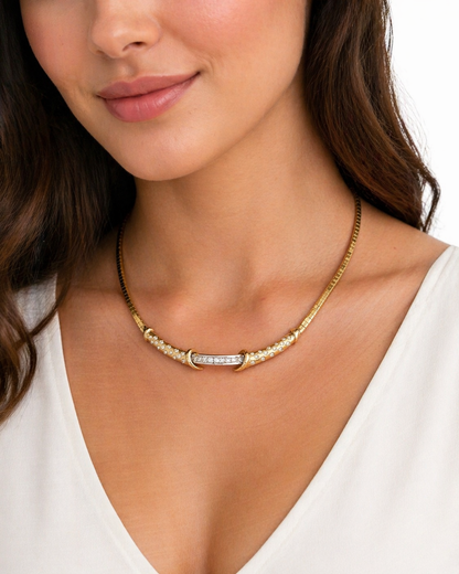 Vintage     18K Yellow Gold Diamond Necklace with White Gold Center Bar