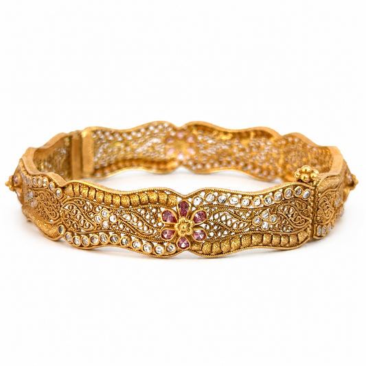 Vintage 22K Yellow Gold Filigree Bangle with Pink Swarovski Crystals & Cubic Zirconia (Copy)