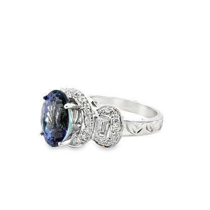 18K White Gold Spectacular Hand-Engraved Tanzanite Diamond Ring
