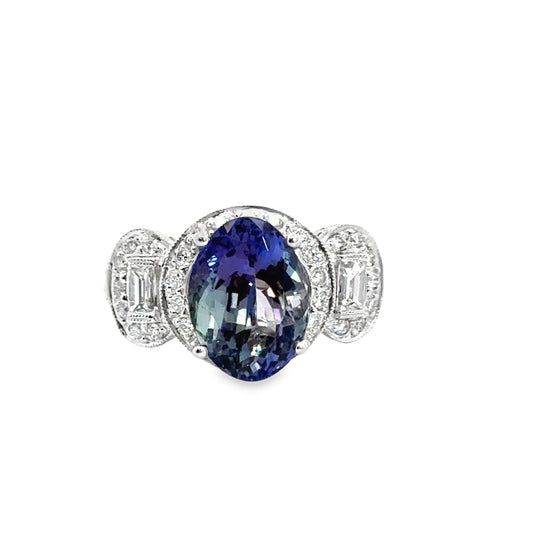 18K White Gold Spectacular Hand-Engraved Tanzanite Diamond Ring