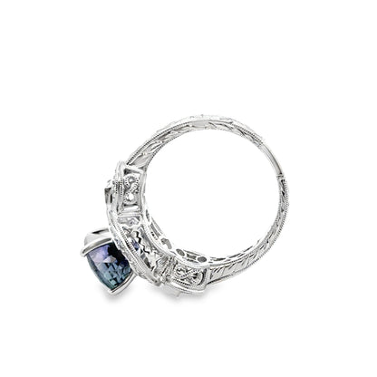 18K White Gold Spectacular Hand-Engraved Tanzanite Diamond Ring