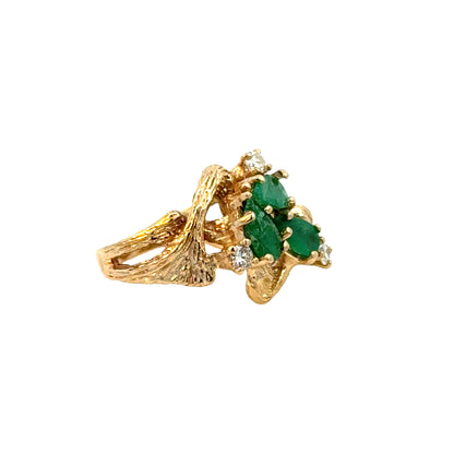 14K Yellow Gold Emerald and Diamond Botanical Motif Ring