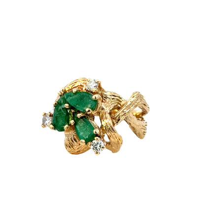 14K Yellow Gold Emerald and Diamond Botanical Motif Ring