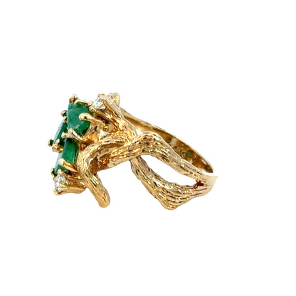 14K Yellow Gold Emerald and Diamond Botanical Motif Ring